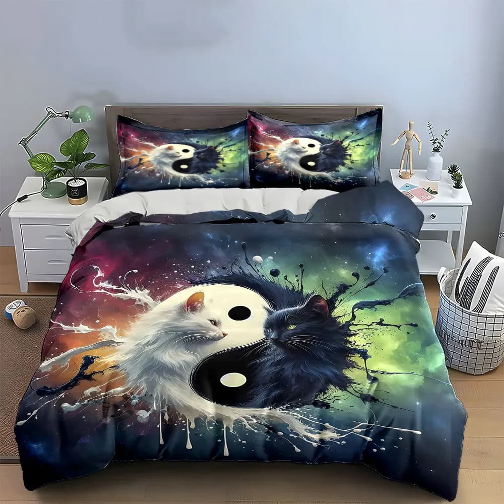 Set di biancheria da letto Yin Yang Cat Art Decor con 1 copripiumino e 2 federe, singolo, matrimoniale, king, queen, regalo