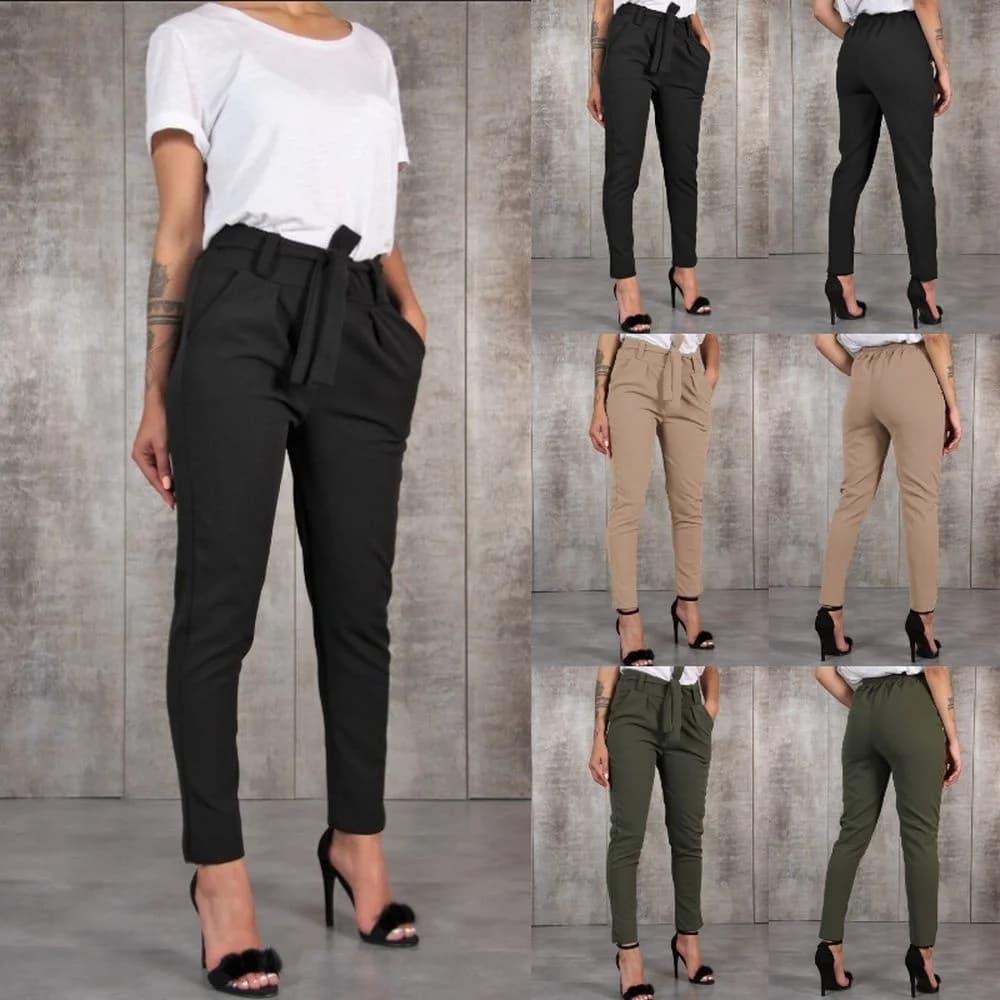 Tasche da donna semplicemente in tinta unita pantaloni dritti Casual pantaloni da donna eleganti elastici in vita con lacci estivi cintura libera