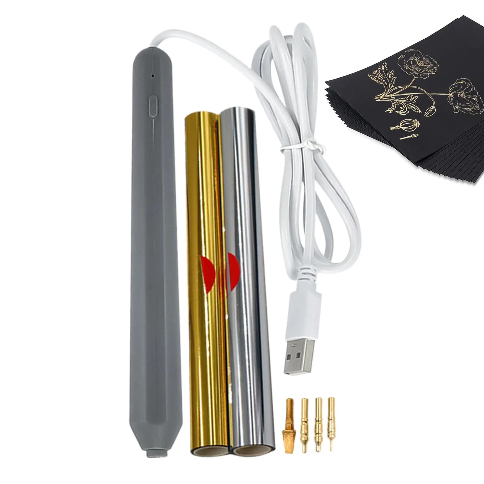Hot Foil Pen Stamping Tool with 4 Metal Tips Gold Foil Stamping Kit for Scrapbooking Leather Working Drawing Card Making