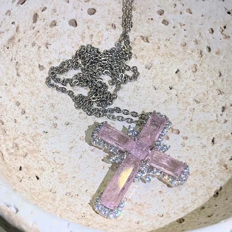 Y2K Exquisite Pink Broken Ice Zircon Cross Pendant Necklace for Women Fashion Long Tassel Necklace Party Jewelry Gifts