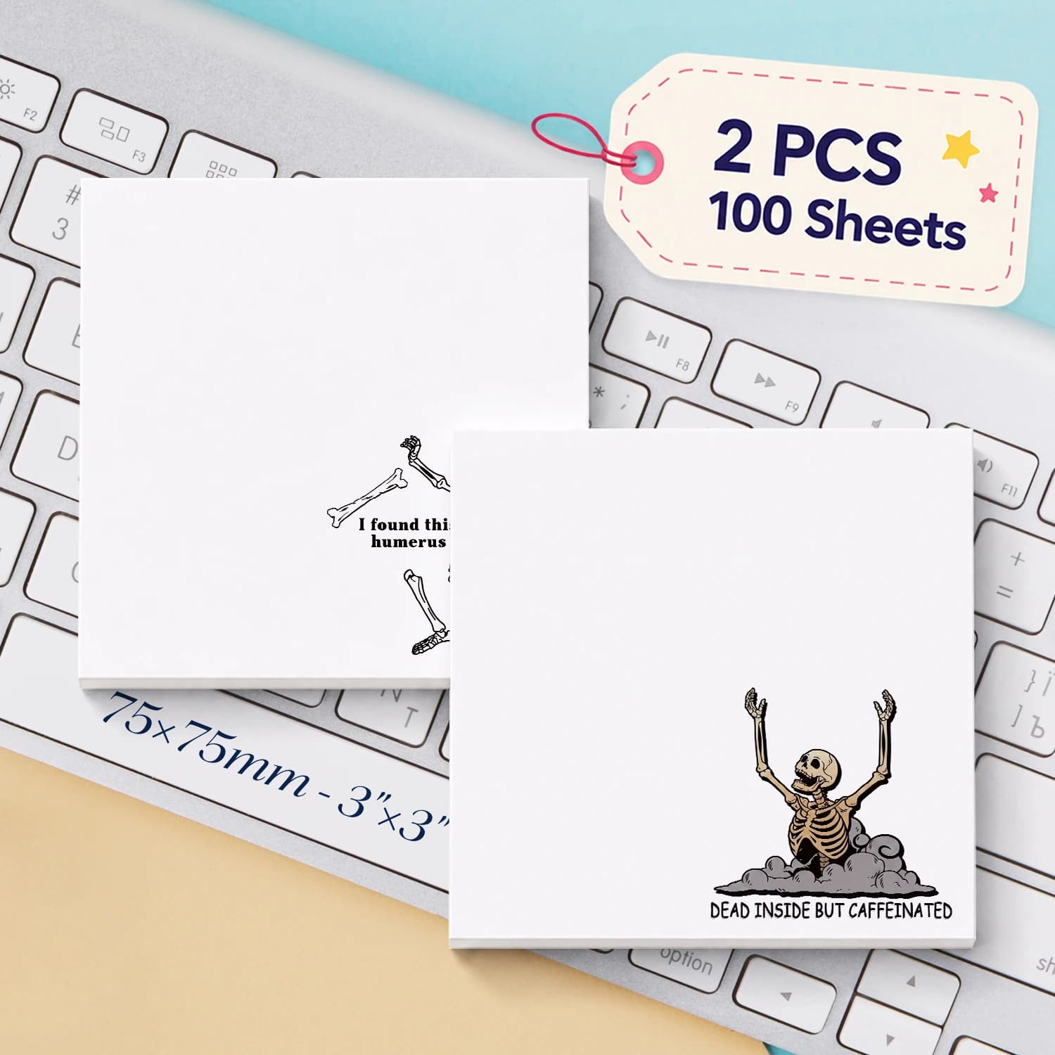 2PCS Funny Skeleton Self Adhesive Sticky Notes 100 Sheets Coffee Humor Gothic Memo Pads Sarcastic Office Stationery