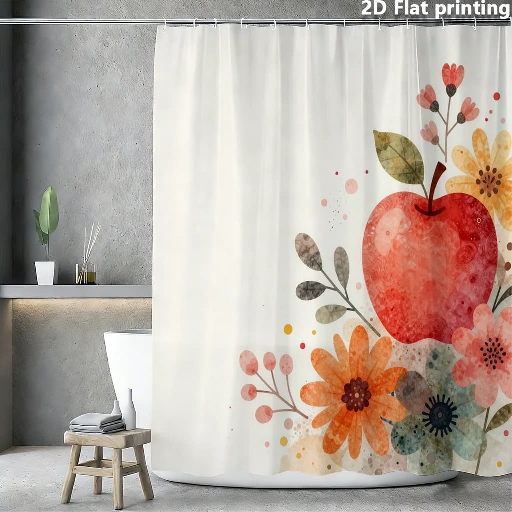 Tenda da doccia floreale con mele acquerellate, 1 pz, in poliestere, stampa piatta 2D, 180x180 cm, Mele rosse e fiori su sfondo crema