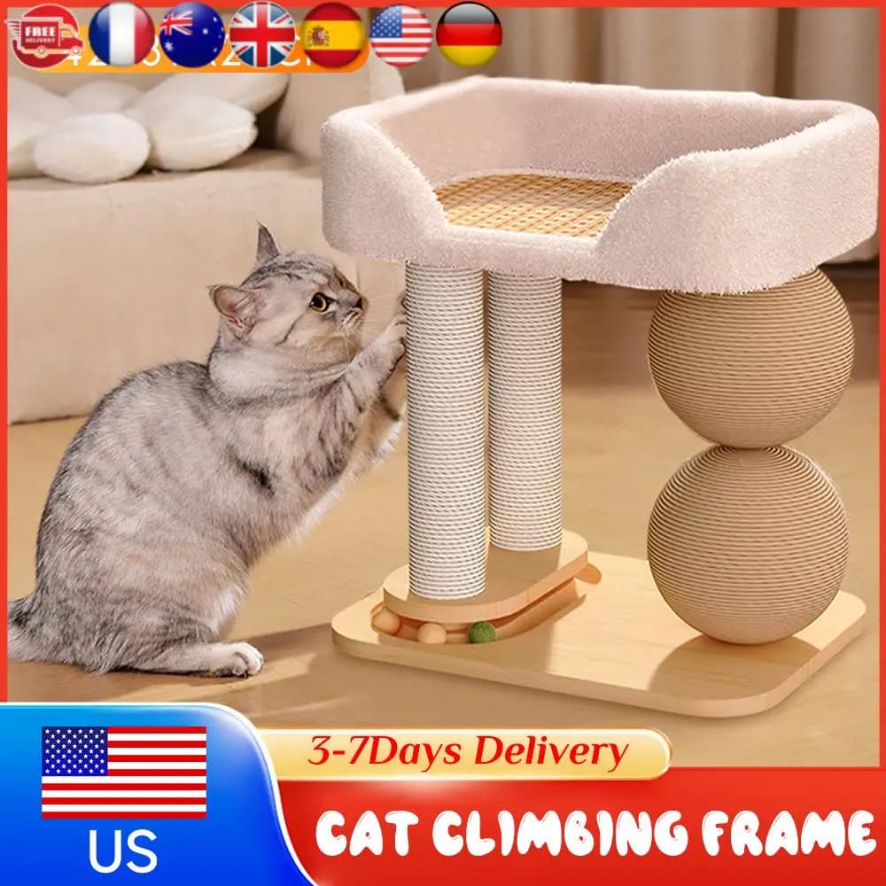 Nuovo Tiragraffi per Gatti con Pali Rivestiti in Sisal, Cuscino Reversibile, Cuccia Sospesa a Sfera e Struttura per Arrampicata - Arredamento per Animali Domestici