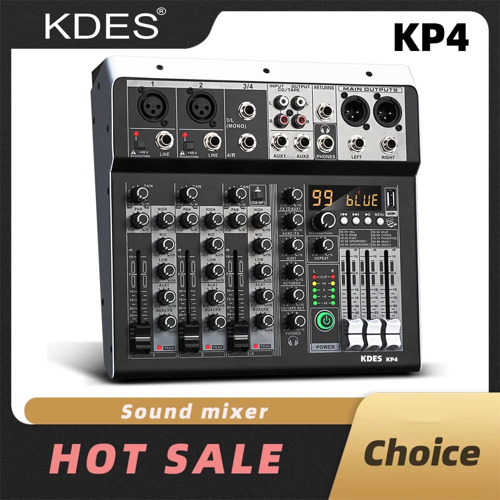 KDES KP4 Mixer audio 4 canali 99 DSP Effetti Record PC 48V Phantom Power USB Mixer audio Bluetooth DJ Console Mixing per Karaok