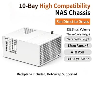10‑Bay NAS Chassis, Support ATX Power Supply & ATX Motherboard DIY Home Network Storage Server Case