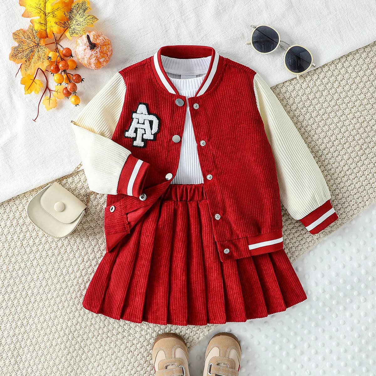 3 pezzi autunno nuovo stile dolce ragazza per bambini top a maniche lunghe + cappotto uniforme da baseball abbinato + set gonna a pieghe tinta unita