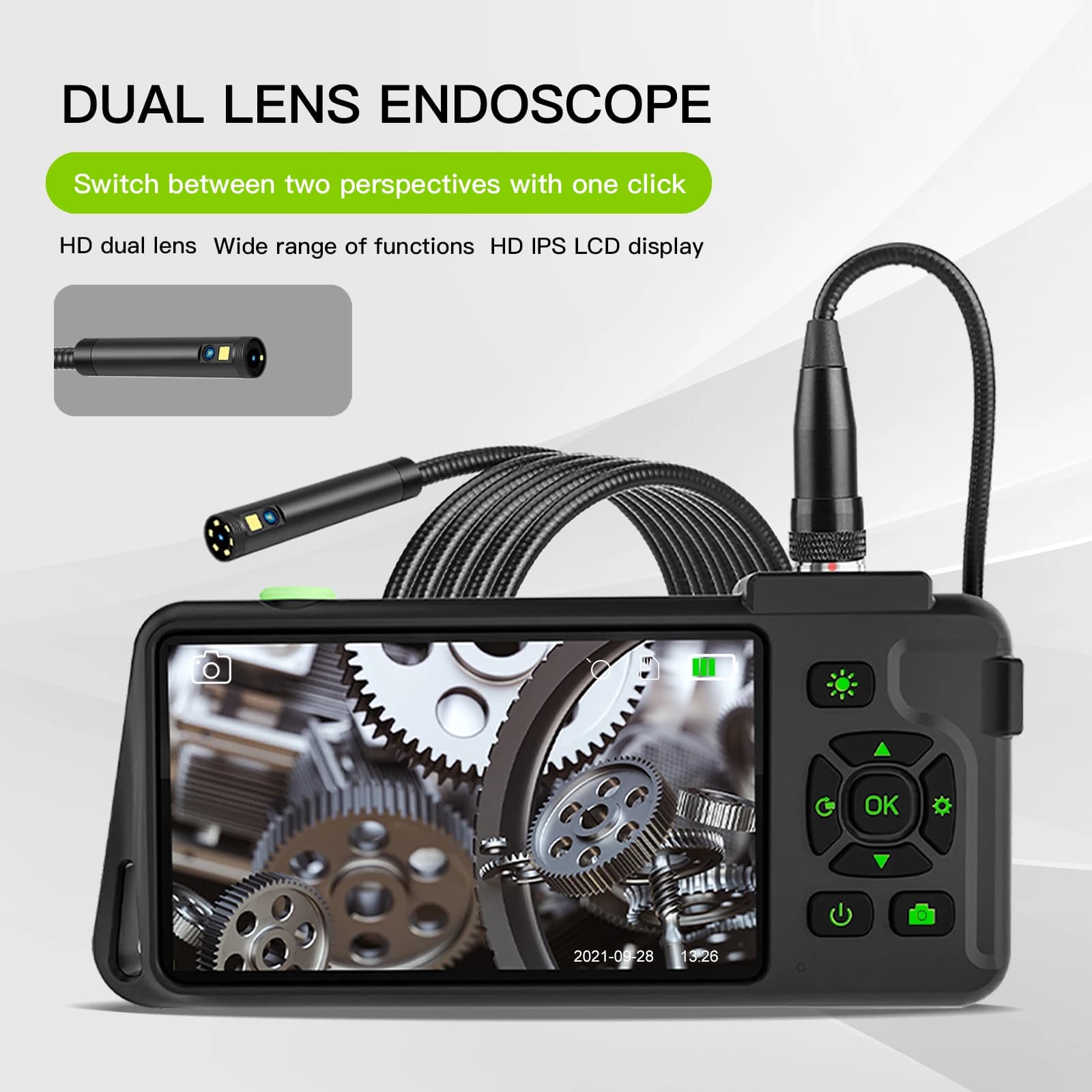 Endoscopio a Doppia Lente 7.9mm 4.5 Pollici 2MP 1080P con Visione Laterale e Frontale, Boroscopio CMOS, Microscopio Digitale per Ispezione, Otoscopio