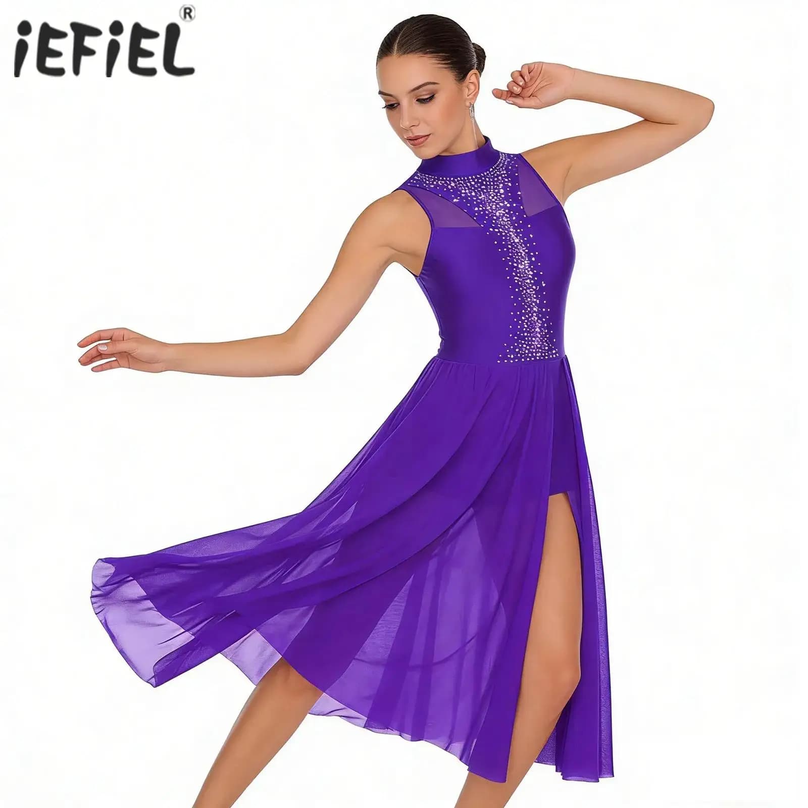 Abito da ballo lirico da donna con strass scintillanti, vestito da pattinaggio artistico a collo alto con apertura posteriore e spacco laterale