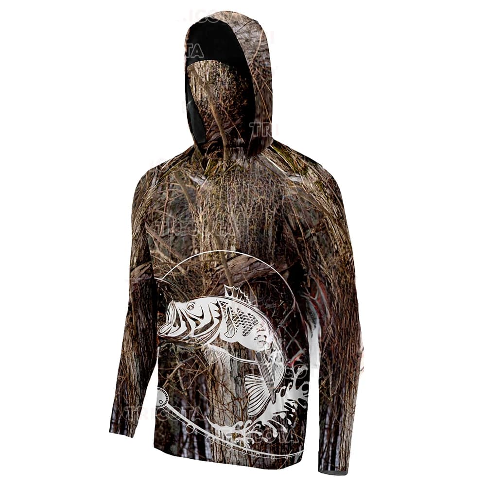 Wood Bark Camo Bass Graphic Men Fishing Hooded Shirt Built‑in Face Cover Sun Protection Quick‑Dry Long Sleeve Outdoor Tops