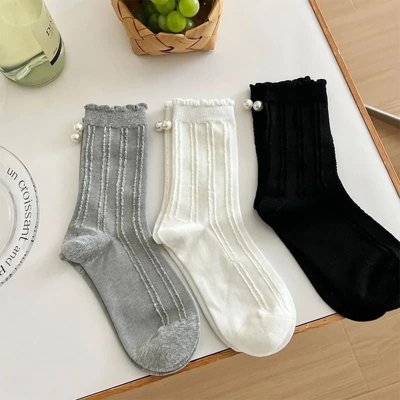 Lolita Sweet Girls Kawaii Cute Pearl Ruffle Socks Black White Middle Tube Socks Women Japanese Style Solid Color Long Socks