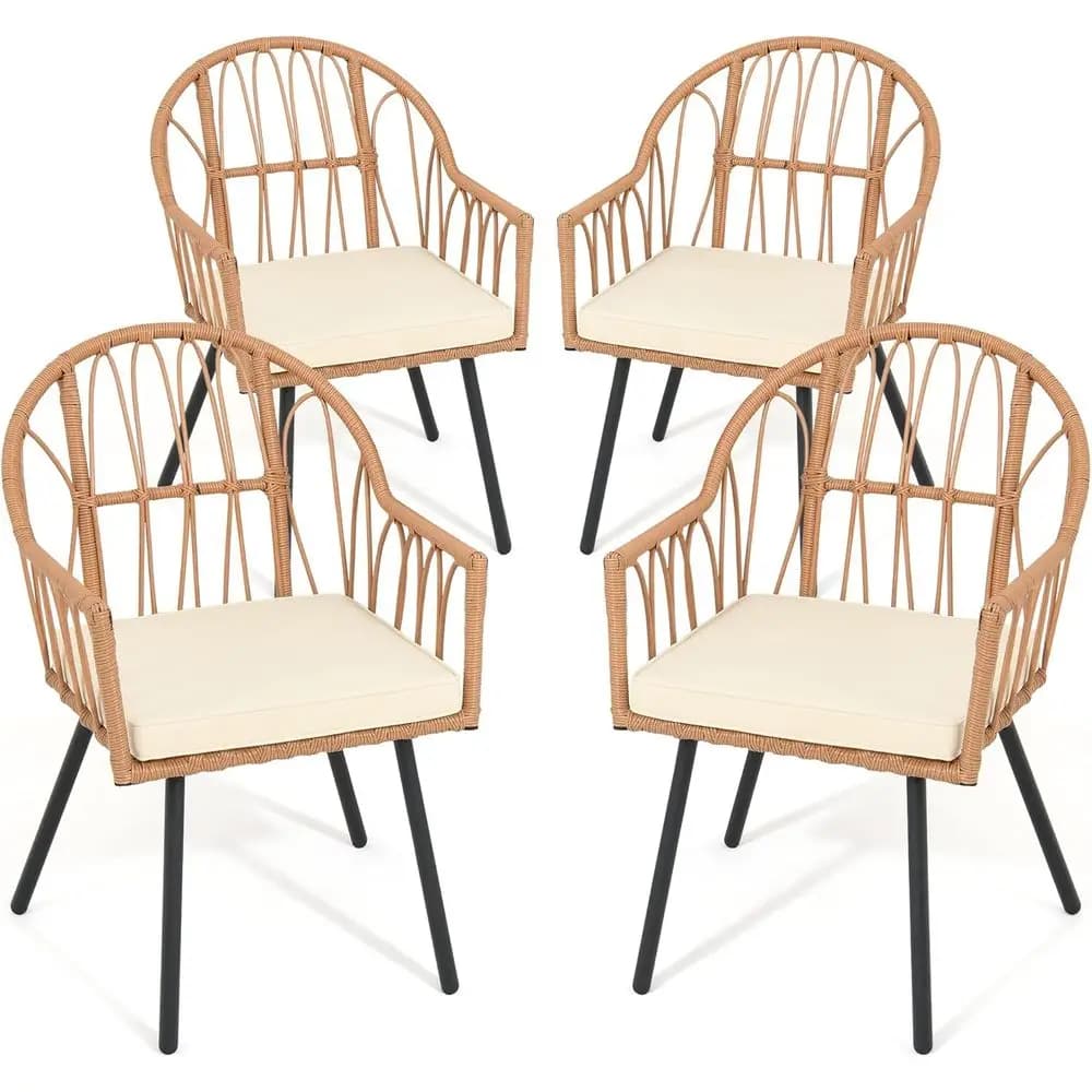 Set di sedie da pranzo in rattan per tutte le stagioni con cuscini, schienale curvo, adatte per uso interno ed esterno (Beige)
