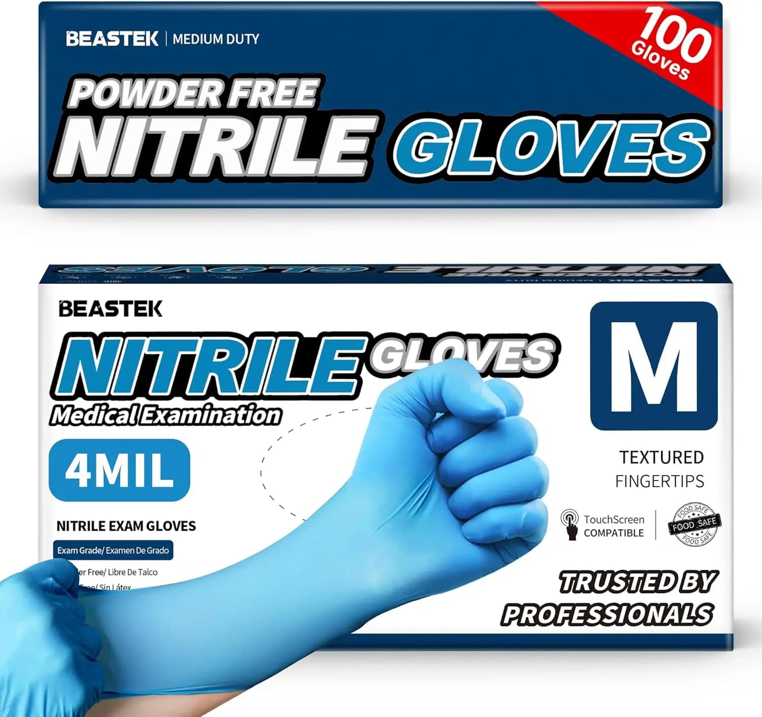 Guanti da Esame in Nitrile Blu, 4 Mil, Monouso, Senza Polvere, Senza Lattice, Guanti per Pulizia Sicuri per Alimenti, 100 Pezzi
