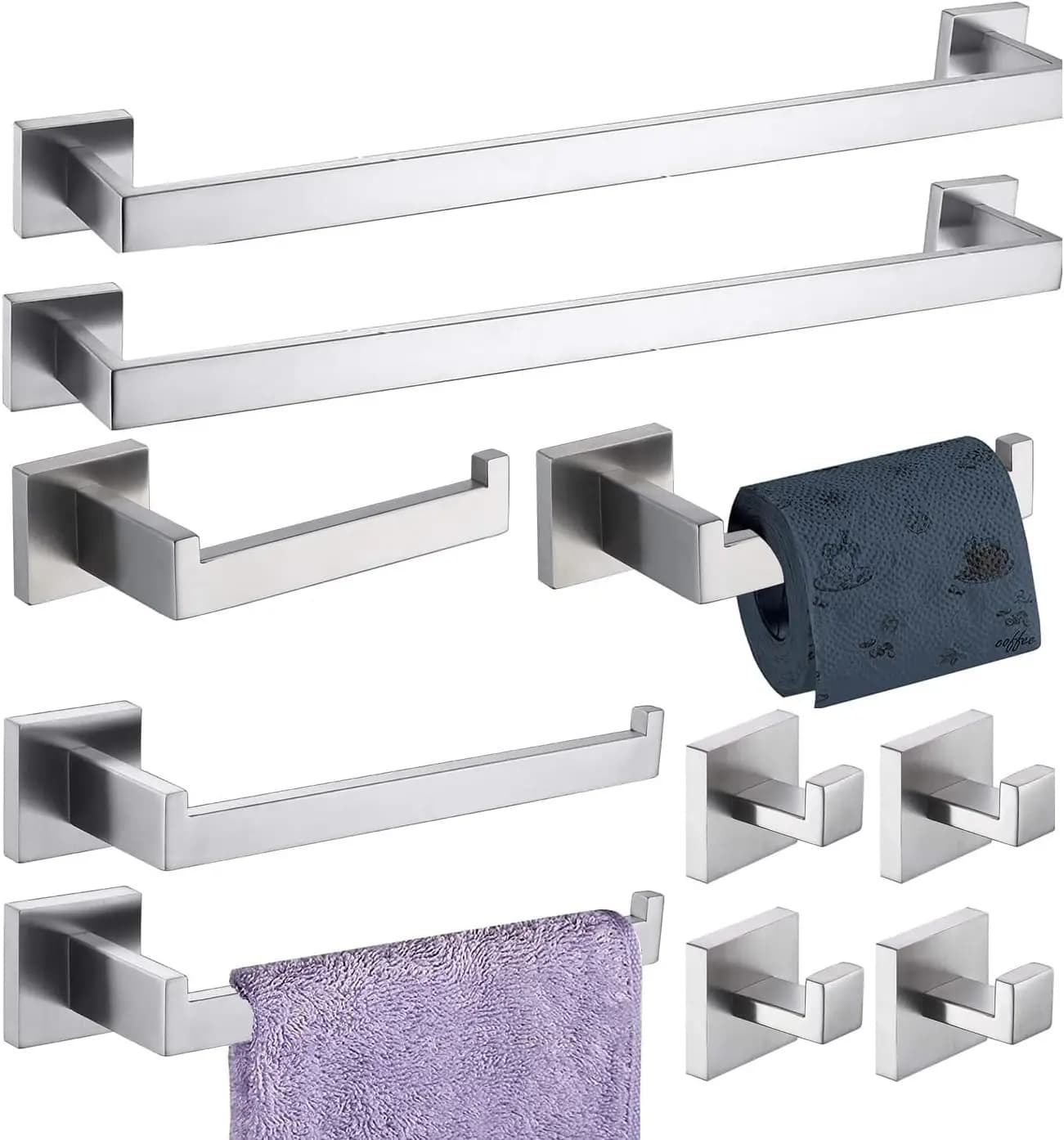 Set di accessori da bagno in nichel spazzolato da 10 pezzi: portasciugamani, supporti e ganci in acciaio inossidabile SUS304