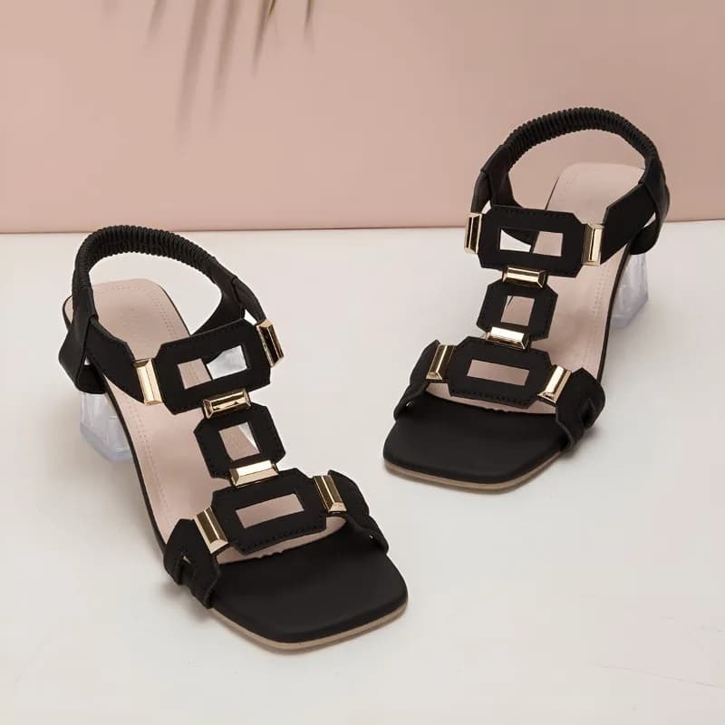 Fashion Plus Size Simple Elegant Block Heel Sandals Women's Square Toe Clear Heel Temperament High Heels