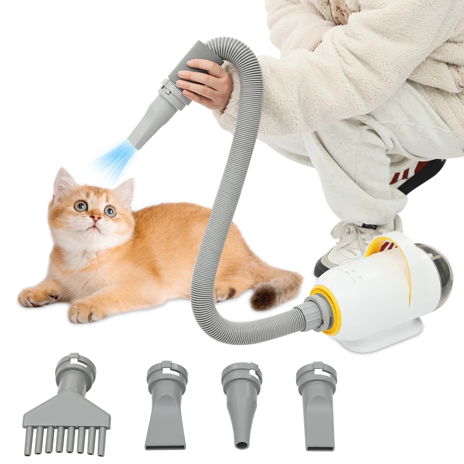 Asciugatore per Cani per Toelettatura, Soffiatore e Aspiratore 2-in-1, Asciugacapelli per Animali Domestici 2800W, Temperatura Regolabile 30-60°C ℃ /86-140 ℉ con 4 ugelli