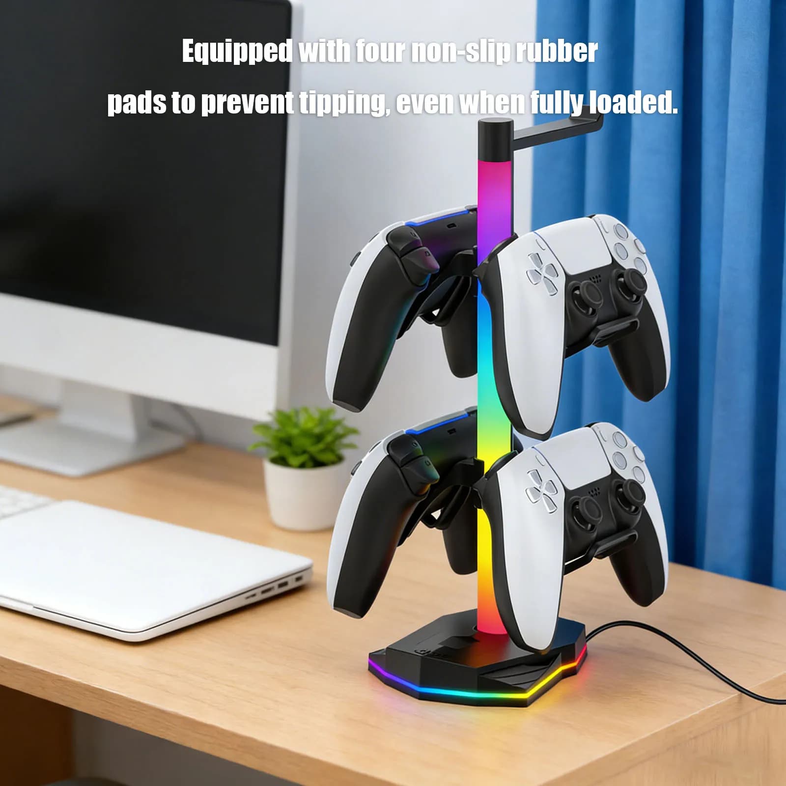 Headphone & Controller Stand with RGB Light Headset Controller Display Stand Detachable Hooks Headphone Storage Holder for PS 5