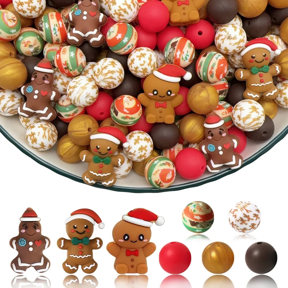 25/43/50 pezzi set di perline in silicone 3D di omino di pan di zenzero natalizio, perfetto per portachiavi, collane, bracciali e altri mestieri fai da te