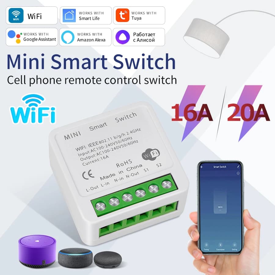 16A 20A Tuya WiFi Smart Switch 2-way control Mini Smart Breaker Works with Smart Life Alexa Google Home Alice