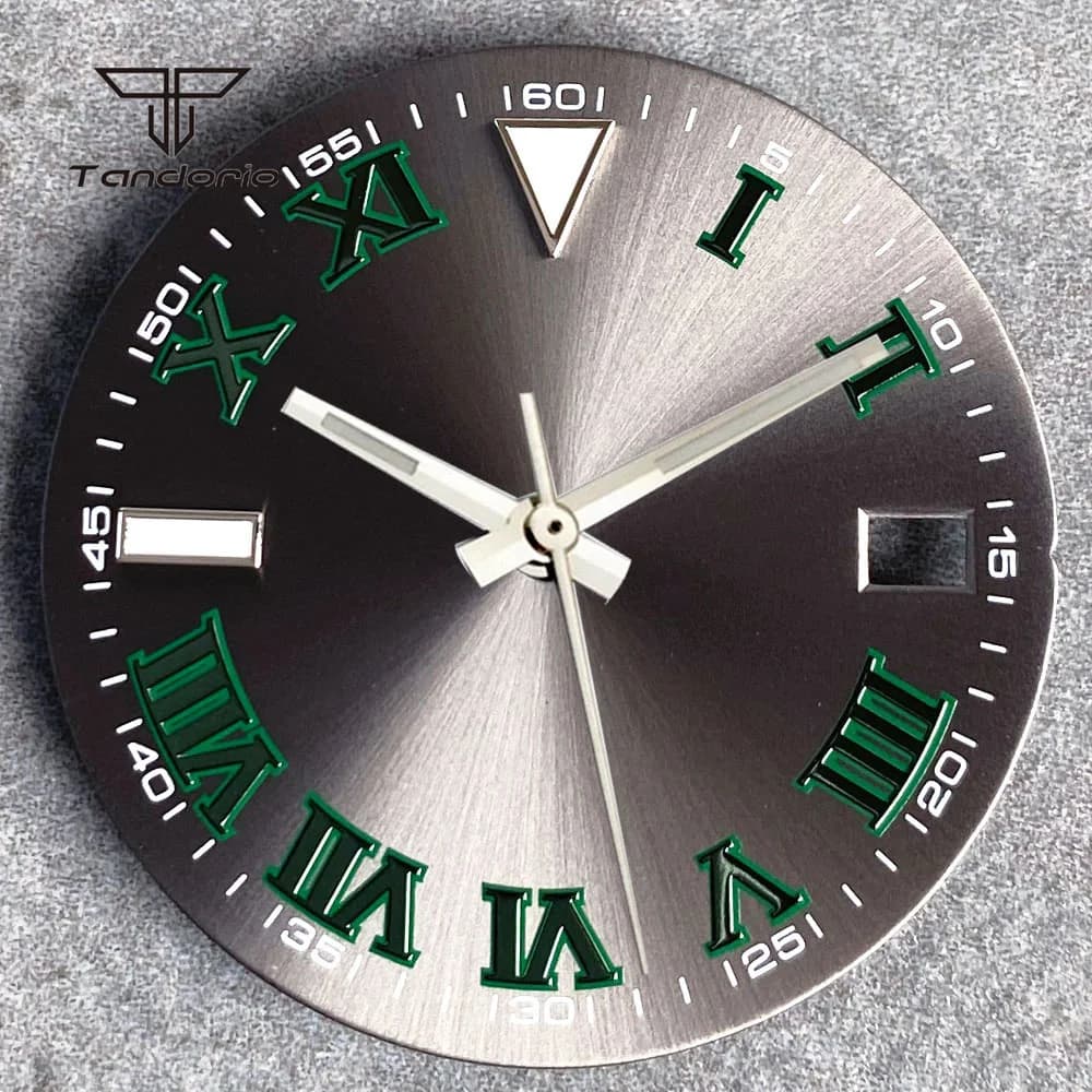 29mm Grey Sunburst Watch Dial Face Fit NH35 Green Roman Signs Date Window Hands Set Men's Automatic Watch Mod Parts Accessories