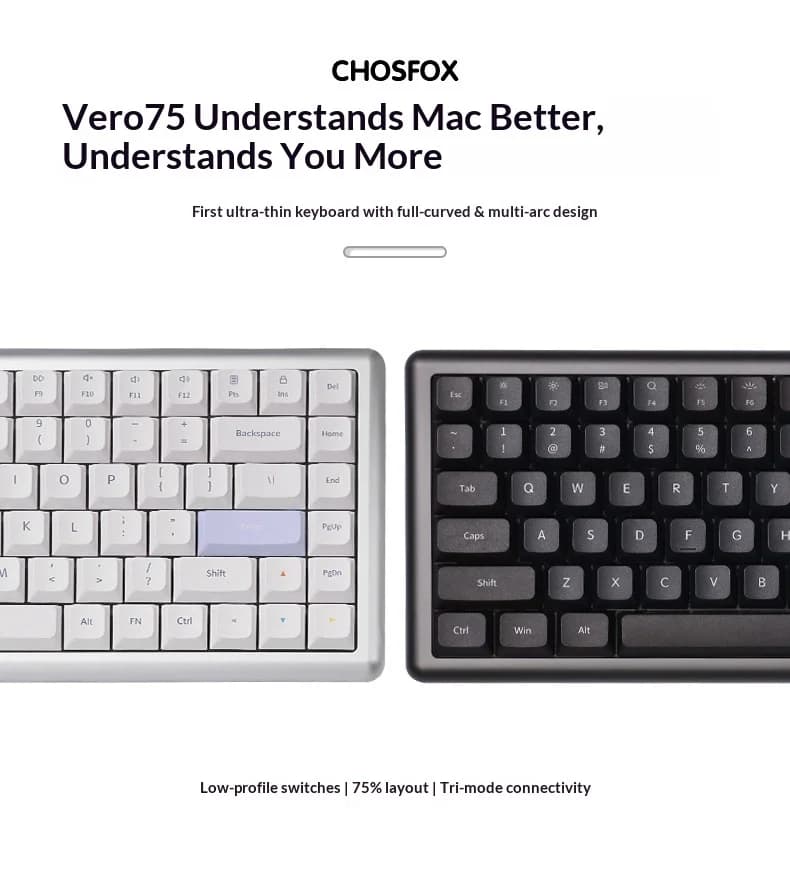 Vero75 Low Profile Mechanical Keyboard Tri-Mode Custom Qmk/Via Game Mute Office Laptop Pc Accessories macOS Windows iOS Android