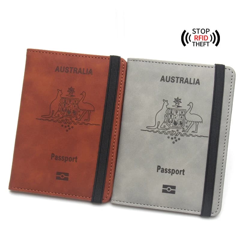 Porta Passaporto Anti-Magnetico Australia - Organizzatore Documenti da Viaggio in Pelle con Fascia Elastica e Scomparti Multipli per Carte