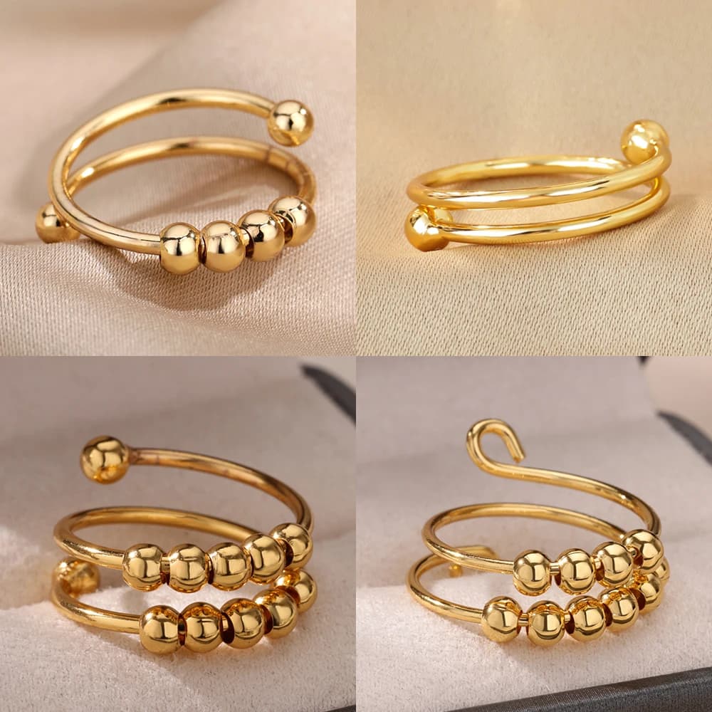 Anelli con perline di ansia per donna Anello da dito regolabile con spinner aperto in acciaio inossidabile color oro che ruota liberamente gioielli antistress