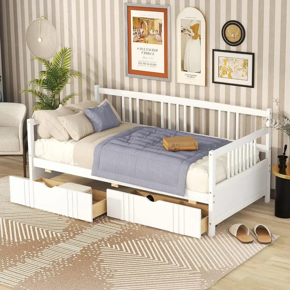 Divano letto singolo in legno con 2 cassetti contenitore, bianco, non richiede rete a doghe