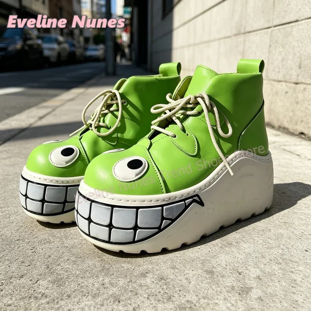 2026 New Trend Y2K Punk Platform Ankle Booties Cartoon Monster Eye Grin Tooth Decor Pumps Lace Up Round Toe Wedge Street Style