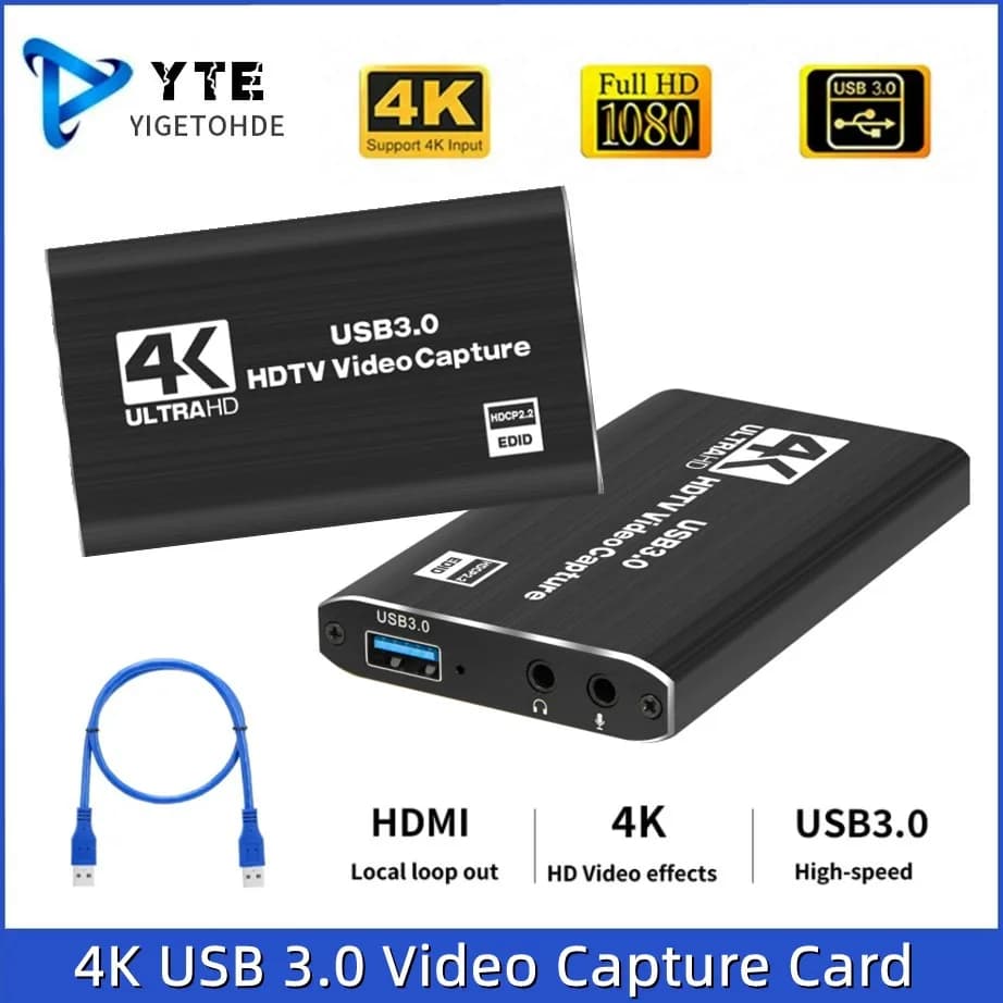 YIGETOHDE 4K Scheda di acquisizione video USB 3.0 compatibile HDMI 1080P Videoregistratore HD Grabber per PS4 OBS Registrazione di giochi Gioco Audio Mic