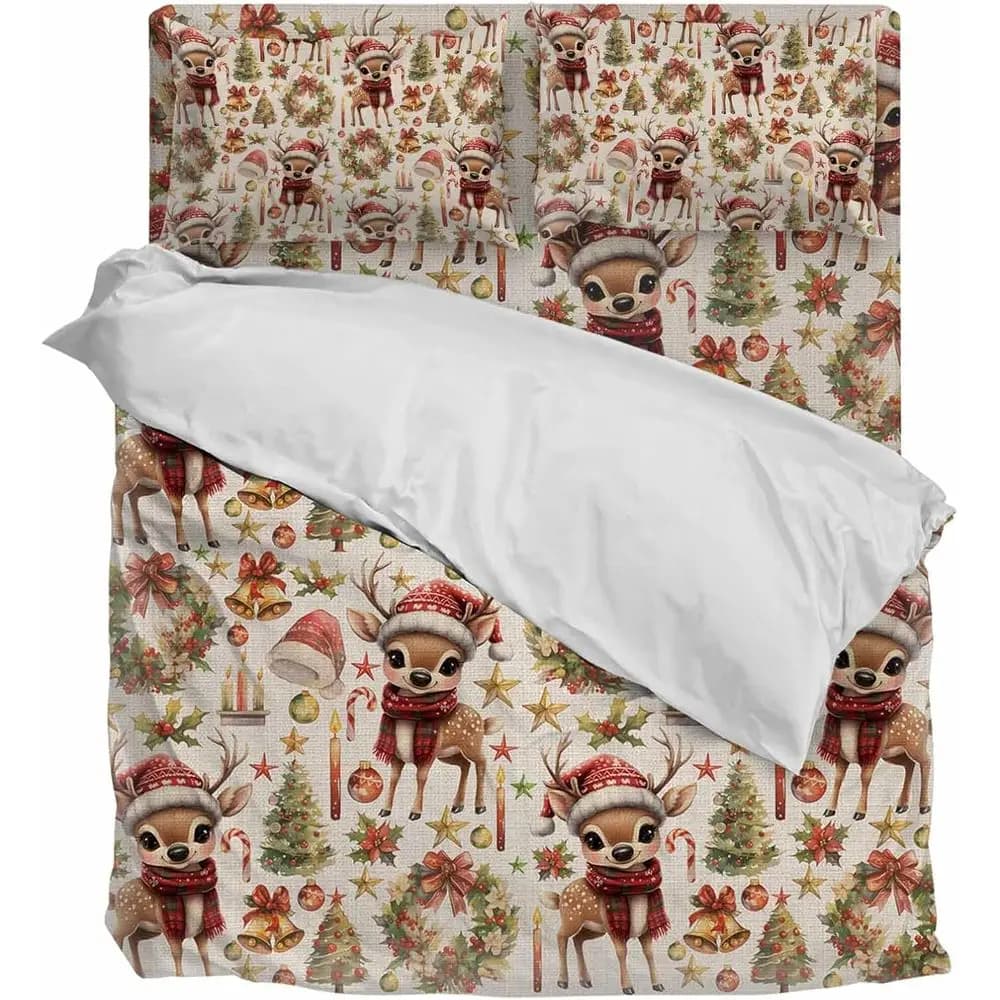 Duvet Cover Caliornia King Size Winter Chrisas Tree Deer s Xmas Hat Beige Linen Sot Bedding Set Comorter Cover Set 4 Pieces 1 Du