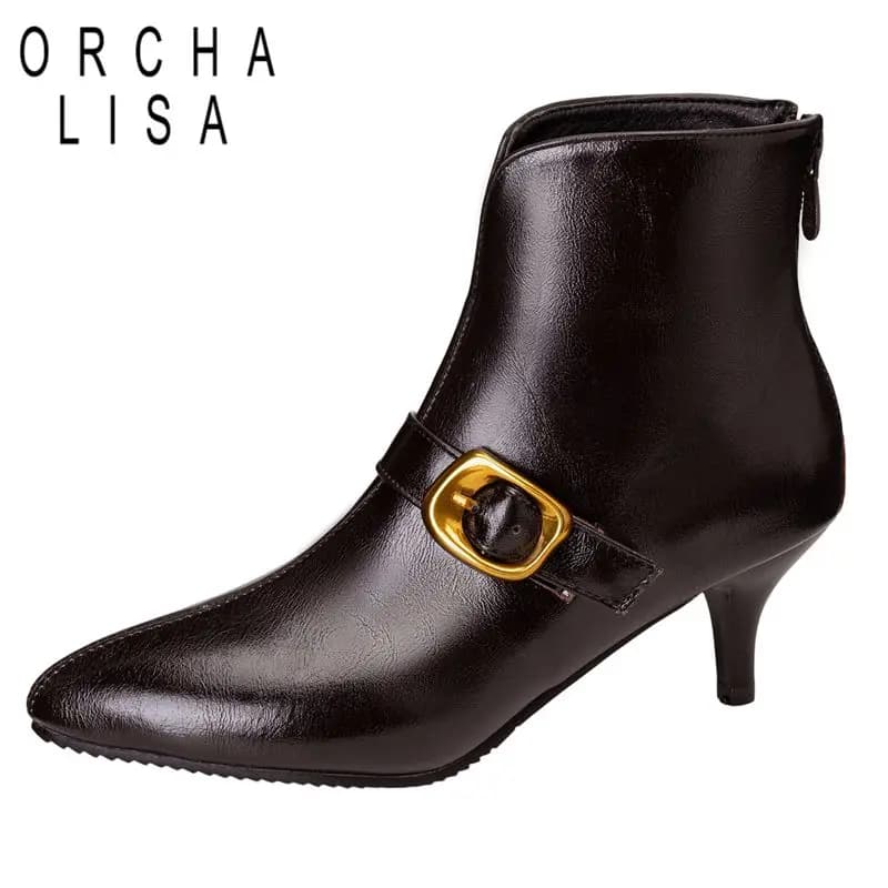 ORCHA LISA Luxury Women Ankle Boots Pointed Toe Thin Heels 6cm Slip On Metal Decoration Large Size 46 47 48 Office Lady Booties