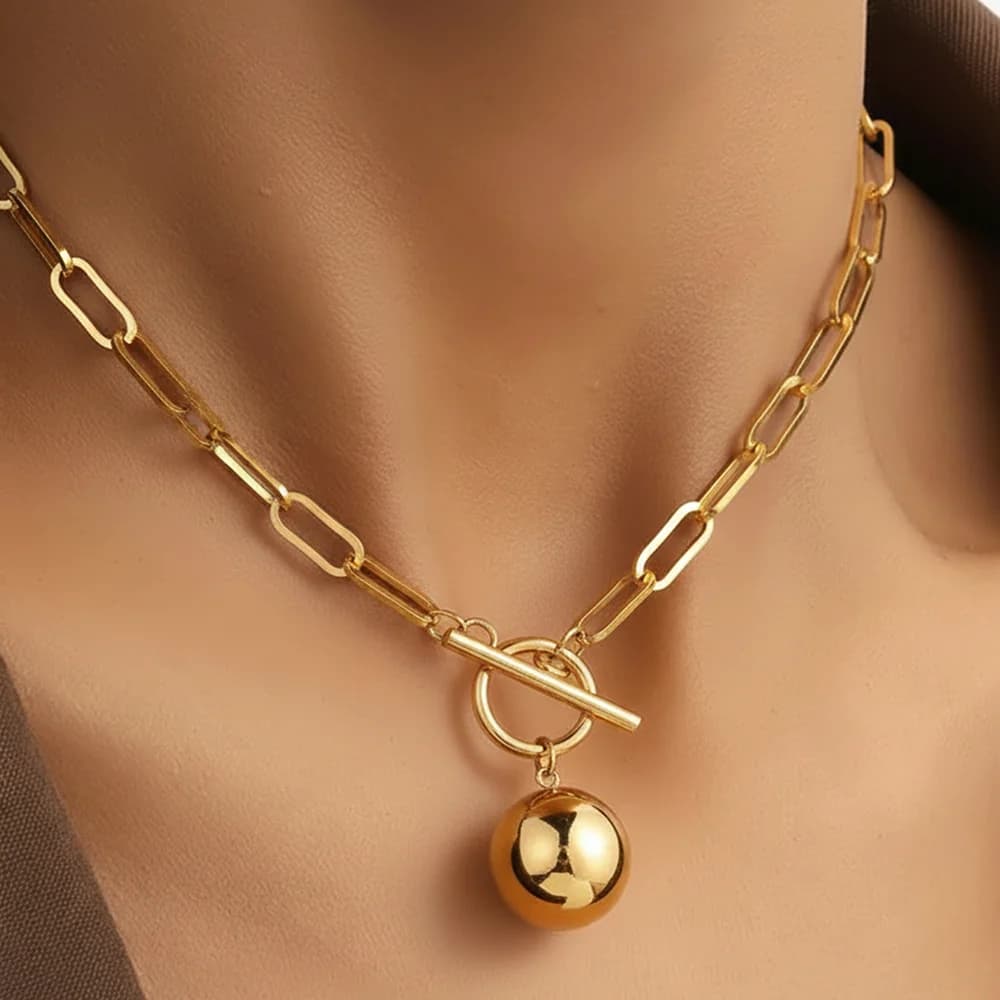 Collana con ciondolo sferico in acciaio inossidabile Design con chiusura Ot Elegante e minimalista Collare a catena con graffetta Catena in osso Gioielli da donna