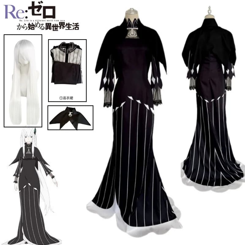Costume Cosplay Echidna, Abito Lungo Nero a Maniche Lunghe con Collo Incrociato, Re:Zero - Inizio di una Vita in un Altro Mondo, Vestito Gotico da Suora per Donne