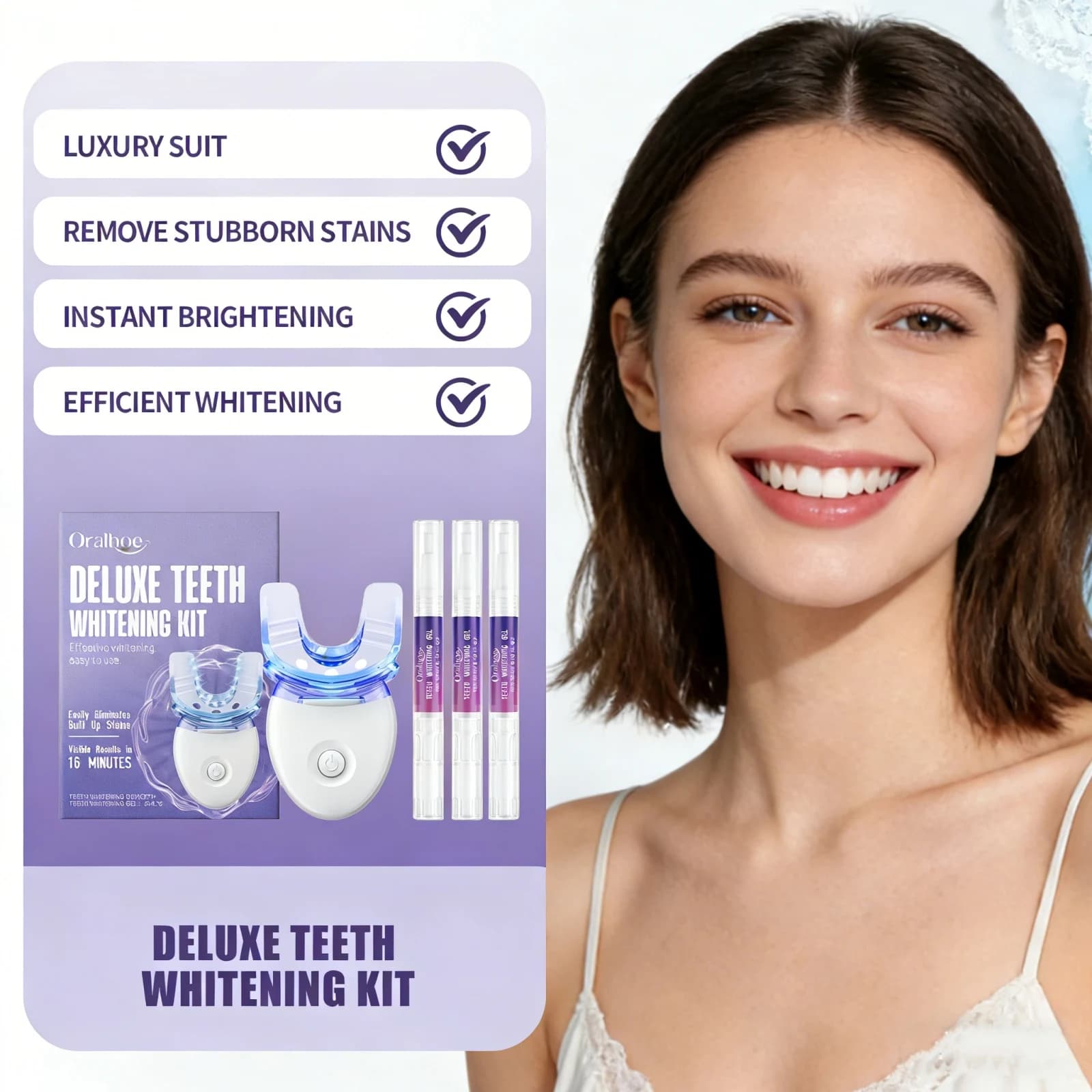High-Tech Tooth Whitening Kit with LED Device, Quick Results in 16 Minutes, Tartar and Macchie Removal, Home Dental Care Kit
