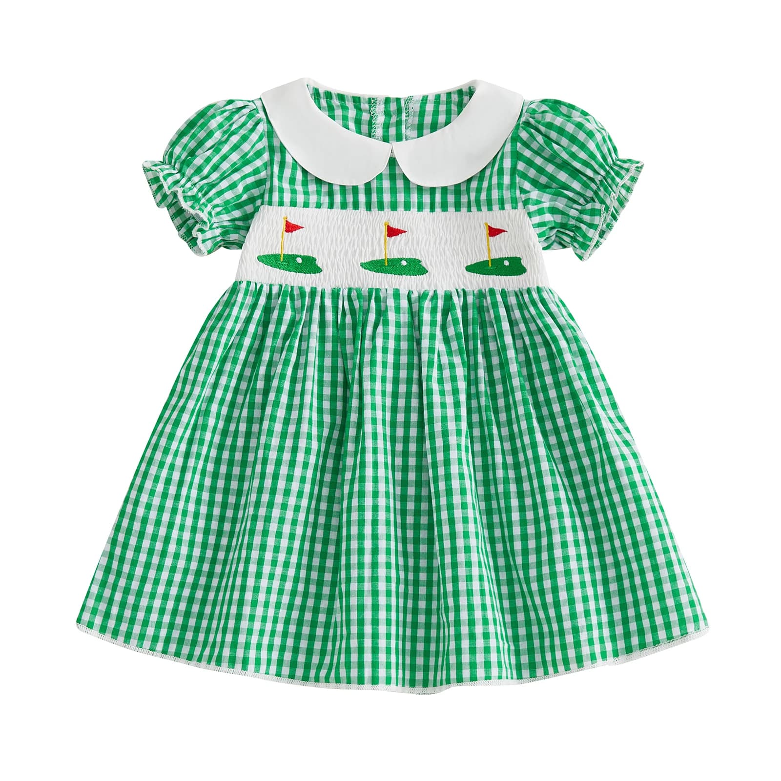 Abito estivo casual a quadri per bambina, con colletto a bambola ricamato, maniche corte e linea ad A.