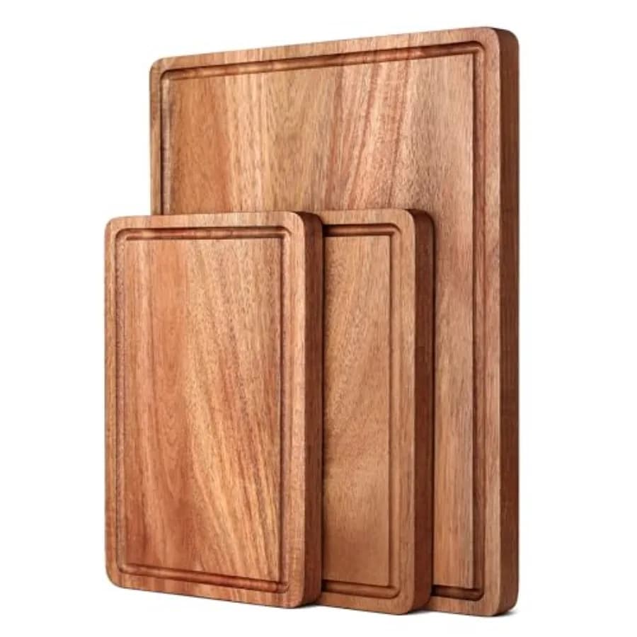 Set di Taglieri in Legno di Acacia con Scanalatura per Succhi e Manici, 3 Pezzi, per Cucina, Tagliere per Salumi, Carne, Formaggio e Frutta