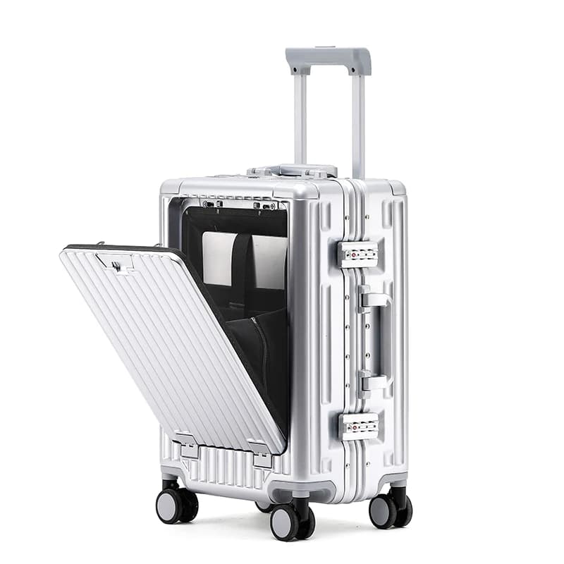1 pezzo Set 20 pollici Telaio in alluminio per computer funzionale Trolley Valigia d'imbarco Freno ammortizzante Ruota silenziosa universale Trolley con funzione portabicchieri Funzione di supporto per telefono cellulare Funzione di ricarica USB Adatto per le vacanze aziendali Breve viaggio Regalo