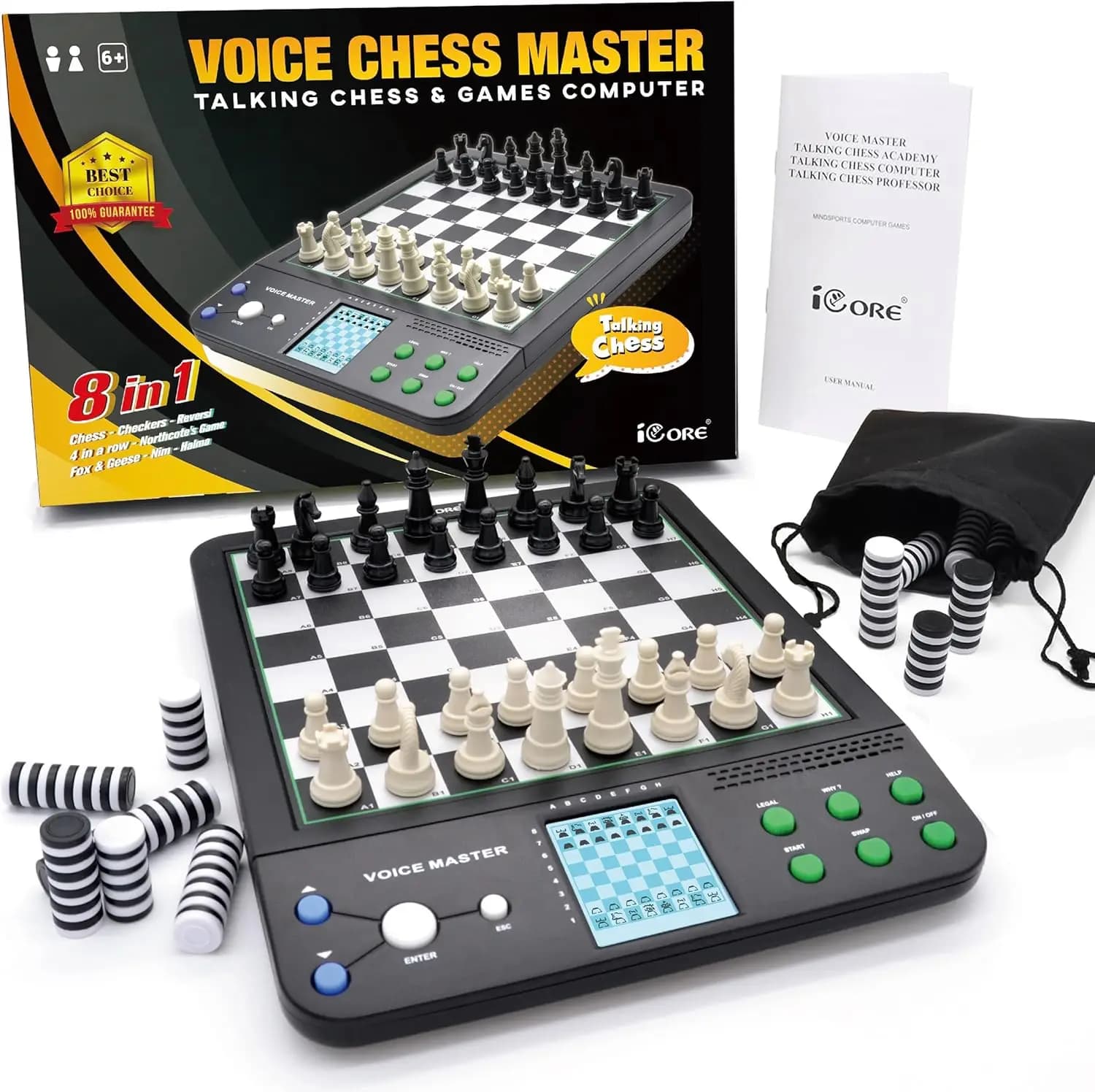 Set di Scacchi Elettronico Pro Nero: Guida Vocale, 30 Livelli, 100 Esercizi Didattici