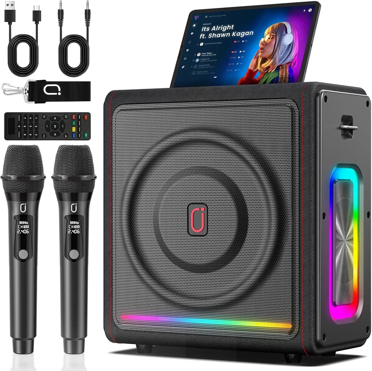 Macchina per Karaoke Portatile con 2 Microfoni Wireless, Altoparlante Bluetooth, Controllo Bassi/Alti/Echo, Telecomando, Supporto TV/TF/USB/AUX/TWS