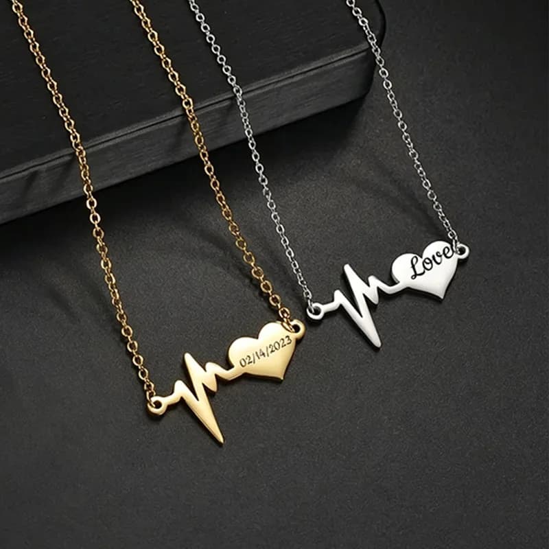 Custom Heart ECG Necklace Laser Engraved Name Date Stainless Steel Heartbeat Pendant Jewelry