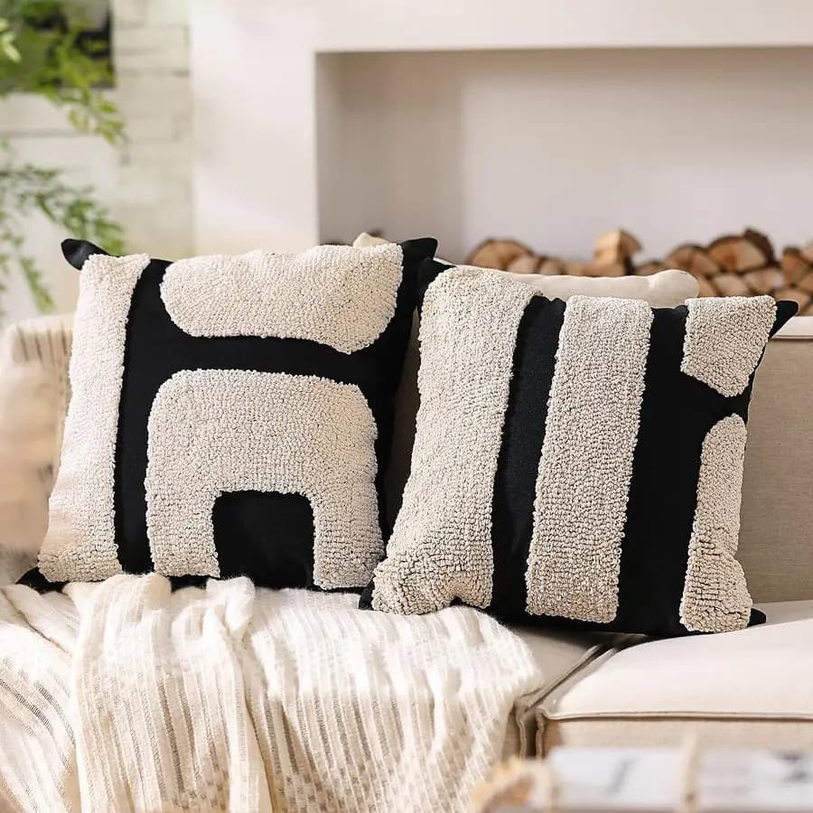 2 Pezzi Federe Cuscino Nere e Bianche Trapuntate, Stile Boho, Geometriche, Decorative, 45x45 cm, Federe Astratte
