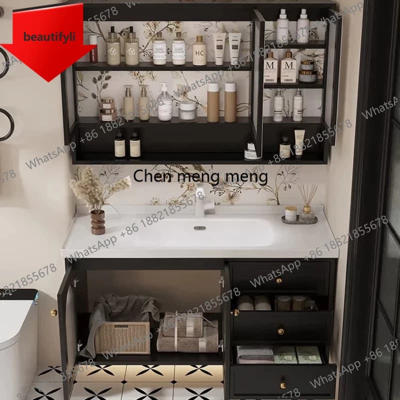 Armadietto da Bagno Integrato a50 con Luce, Lavabo a Colonna, Mobile Contenitore per Trucchi, Specchio Organizzatore, Armadio da Bagno, Mobili