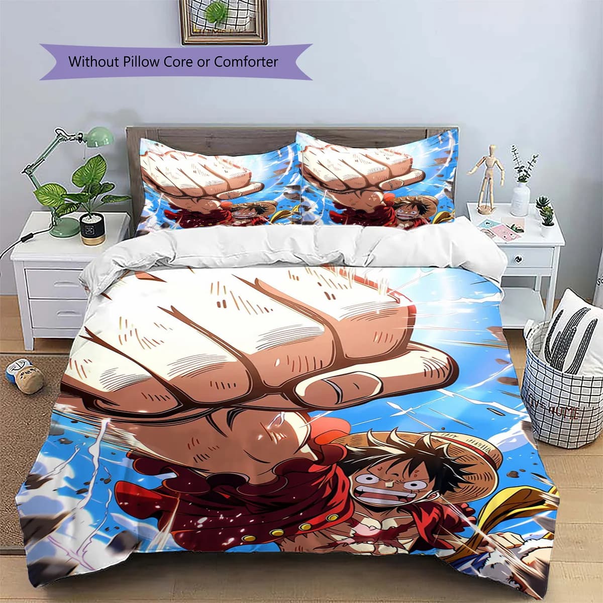 Luffy Patterned Pillowcase & Duvet Cover Set Bedroom Lifestyle Printed Bedding with Anime Theme Enthusiast Gift.-TING