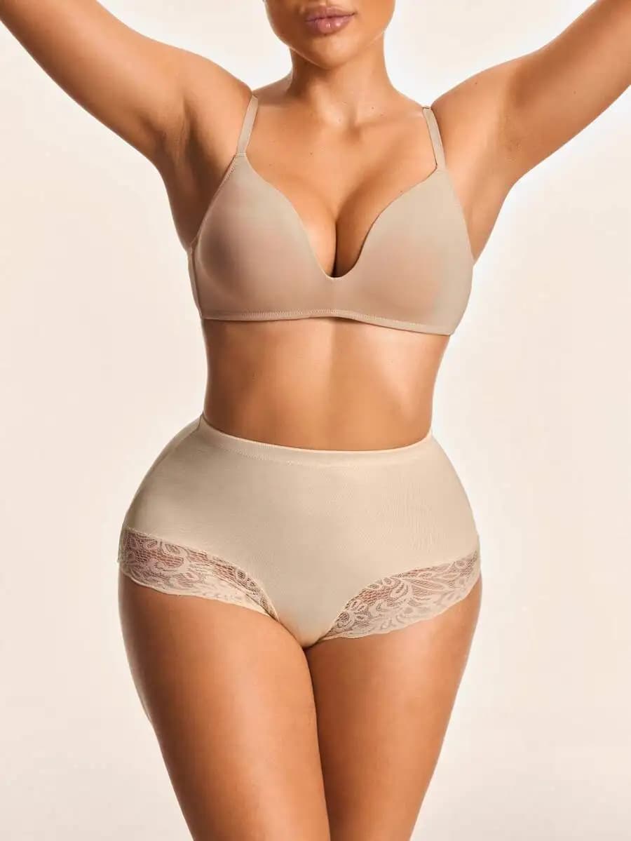 Women Solid Color Lace Patchwork Elastic Waist Underwear Shapewear Bottom