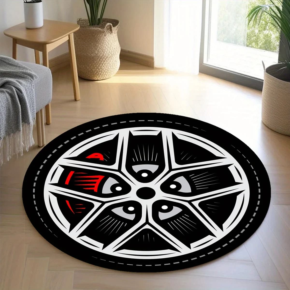 Car Wheel Rim Design Round Rug Flannel Soft Floor Mat for Garage Living Room Bedroom Decor Automotive Theme Home Accessories
