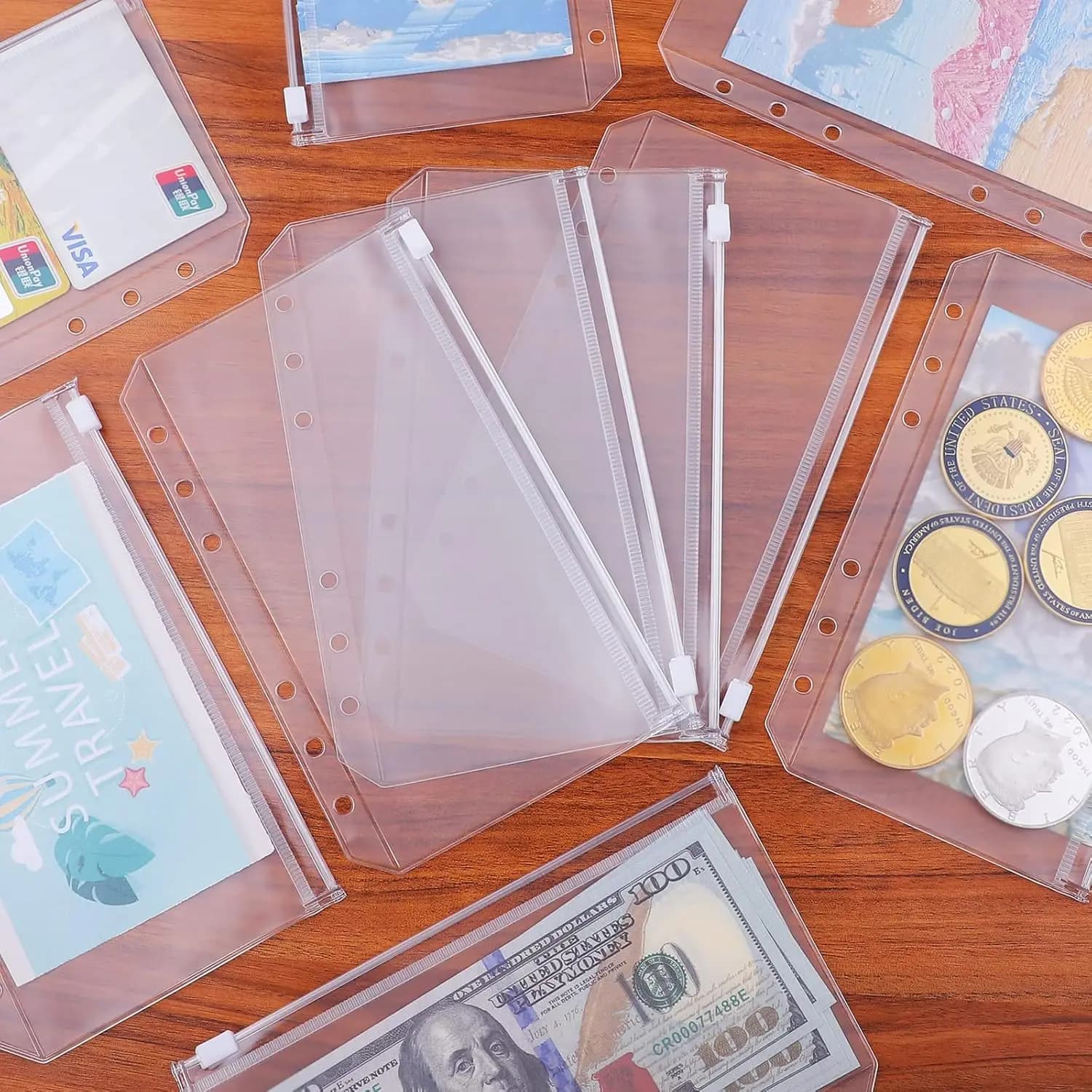 8 Buste Portadocumenti in PVC con Cerniera A5 A6 A7, Organizzatore per Contanti, Documenti e Budget, Inserti per Raccoglitori a Fogli Mobili