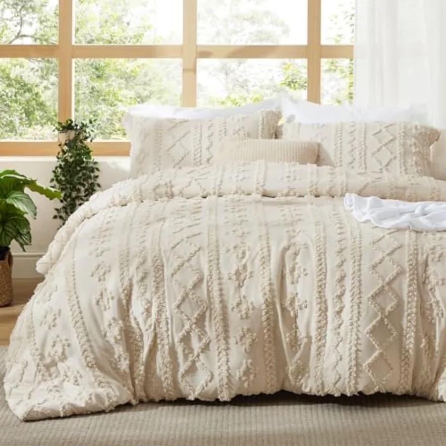 Set Copripiumino Trapuntato Boho - Set Letto Boho Beige, GentleSoft ™ Set di 3 Pezzi di Biancheria da Letto in Stile Rustico con Ricami, Regalo per Donna