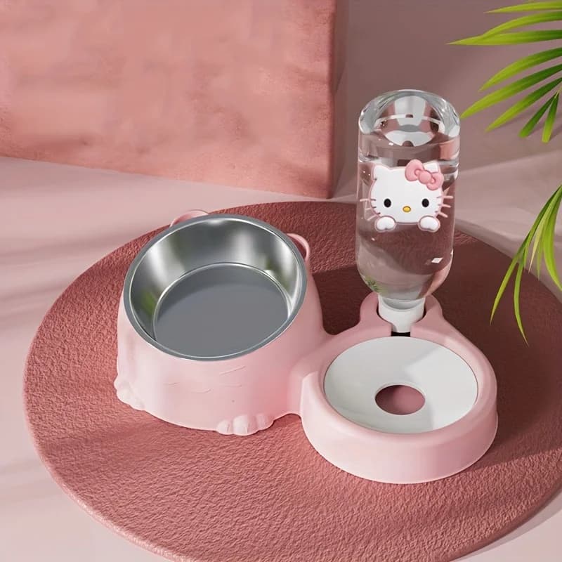 Ciotola per Animali Domestici 2-in-1 in Acciaio Inox Sanrio Hello Kitty, Distributore Automatico Anti-Rovesciamento, Design Carino Hello Kitty, Alzabile