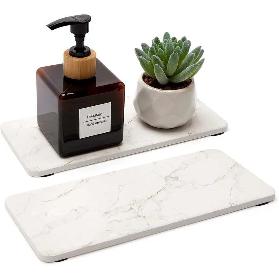 2 pezzi vassoi per asciugare la pietra che assorbono l'acqua per lavandino del bagno bancone della cucina portasapone portaspugna portaspugna bagno in ceramica bianca