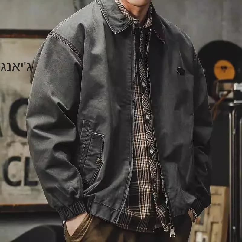 American Retro Washed Cotton Work Jacket Men's Spring Autumn Heavyweight Collared Outerwear Detroit Style Jacket